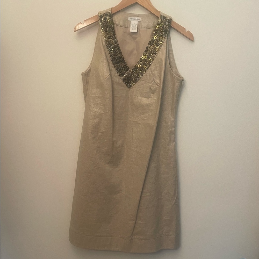 Worthington Shimmery Tan Linen Blend Sheath Dress Beaded Neckline Sz 10